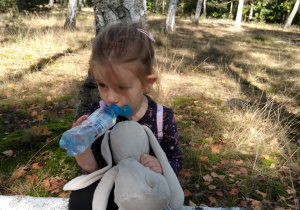 Dziewczynka siedzi w lesie na powalonym pniu brzozy i pije wodę z butelki.
