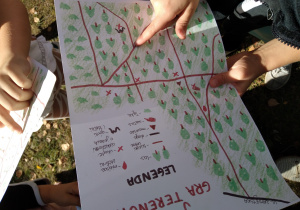 Dziecko wodzi palcem po mapie gry terenowej w lesie.