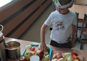 Chłopiec bierze jabłko aby wrzucić je do sokowirówki