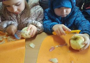 Dziewczynka z chłopcem obierają obieraczką jabłka ze skórki.