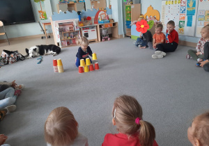 Dziewczynka układa wieżę z kubeczków papierowych, dookoła siedzą dzieci, w tle leży pies.