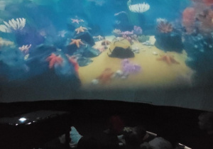 Wnętrze kina sferycznego podczas projekcji filmu.