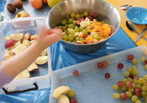 Każde dziecko z grupy Niebieskiej obiera lub kroi owoc na sałatkę.