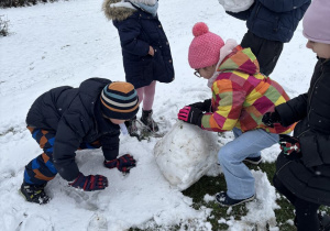 Dzieci dokładają kulę śniegowe do budowy bałwana.