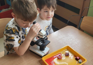 Dzieci obserwują pod mikroskopem różne materiały