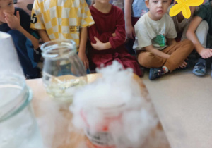 Dzieci oglądają jak paruje suchy lód