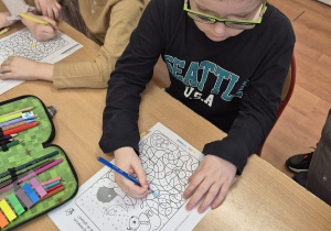 Chłopiec koloruje pola wg podanego kodu