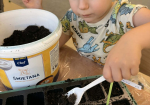 Chłopiec nasypuje ziemię.