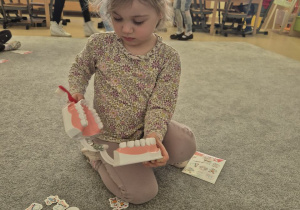 Dziewczynka ogląda model szczęki przeznaczony do nauki mycia zębów