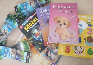 Ksiązki wybrane przez dzieci do wypożyczenia. Obok okładki do książek, które dzieci otrzymały od pracowników biblioteki.