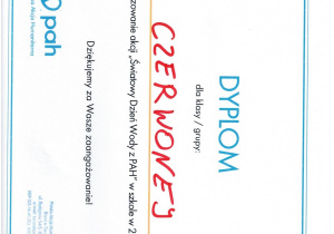 Dyplom dla grupy Czerwonej za udział w akcji "Światowy Dzień Wody z PAH"