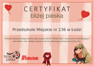 Certyfikat "Bliżej pieska"