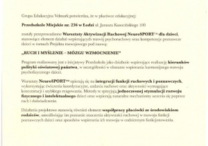 Zaświadczenie przeprowadzenia w przedszkolu Warsztatów Aktywizacji Ruchowej NeuroSPORT dla dzieci