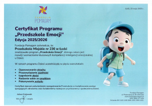 Certyfikat programu "Przedszkole Emocji"